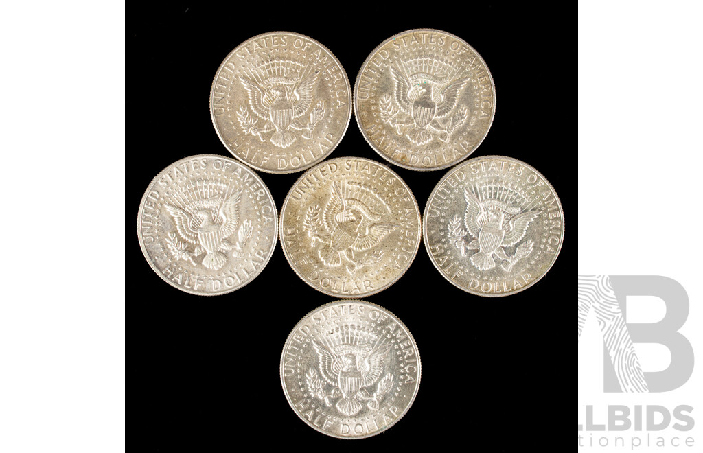 Six USA 1968 Silver Kennedy Half Dollars, Denver Mint .400