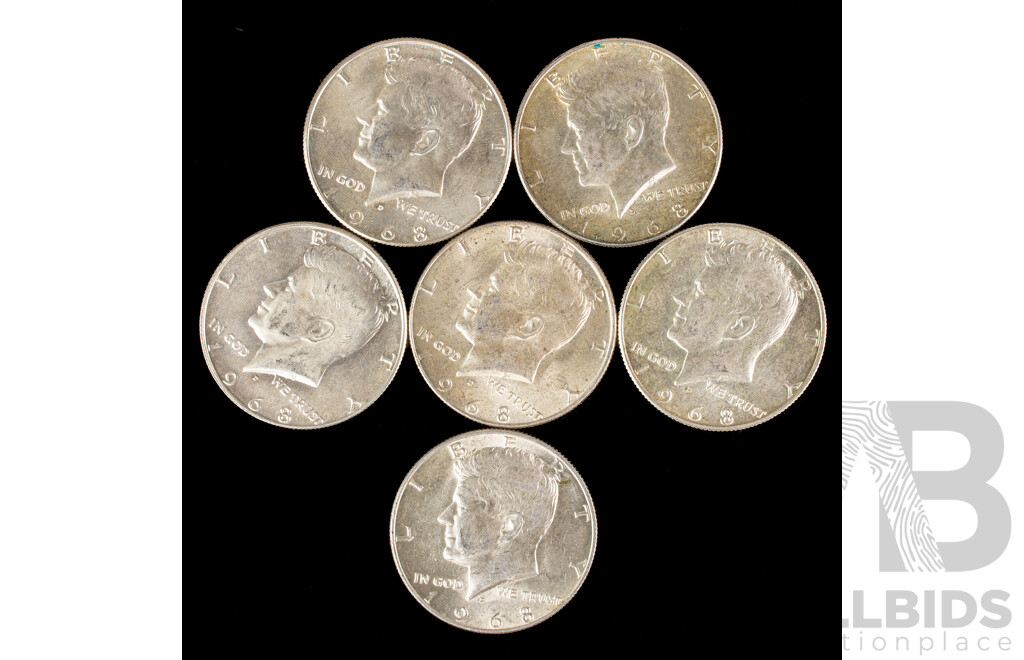 Six USA 1968 Silver Kennedy Half Dollars, Denver Mint .400