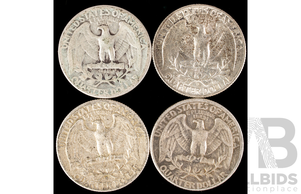 Four USA Silver Washington Quarters 1942, 1943, 1946, 1957 .900