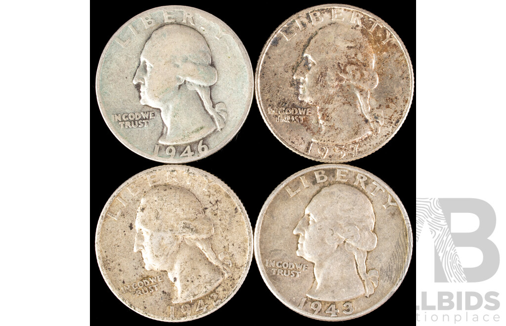 Four USA Silver Washington Quarters 1942, 1943, 1946, 1957 .900