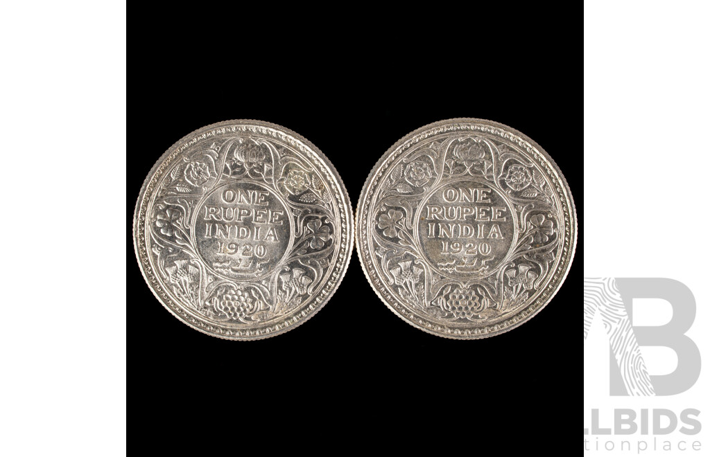 Two India 1920 KGV Silver One Rupee Coins, Calcutta Mint .917