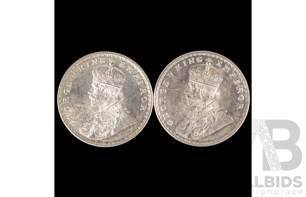 Two India 1920 KGV Silver One Rupee Coins, Calcutta Mint .917