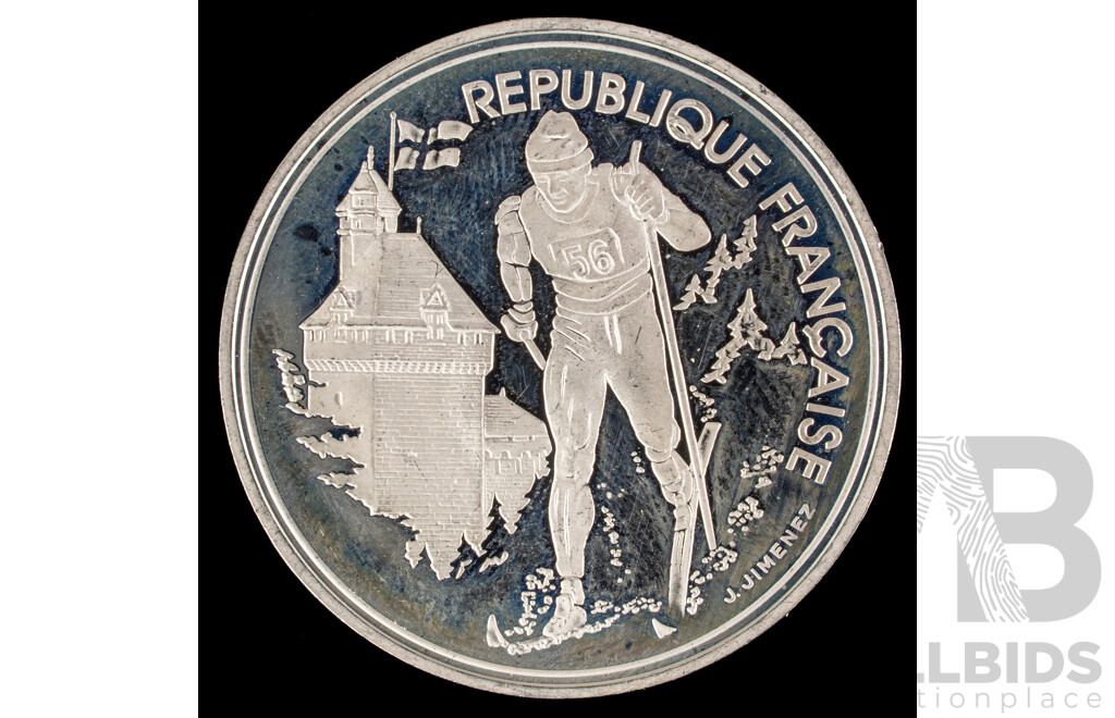 France 1992 Silver One Hundred Francs Coin, 1992 Olympics, Albertville, Cross Country Skier .900