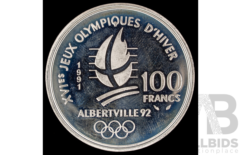 France 1992 Silver One Hundred Francs Coin, 1992 Olympics, Albertville, Cross Country Skier .900