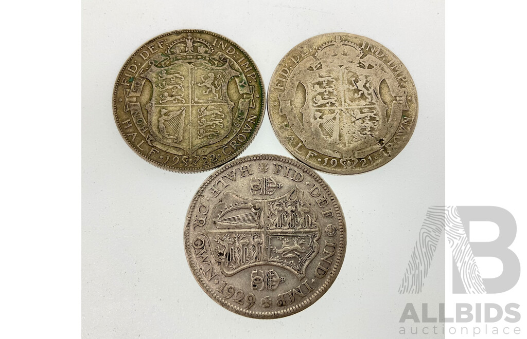 Three United Kingdom Silver KGV Half Crowns, 1921, 1922, 1929 .500