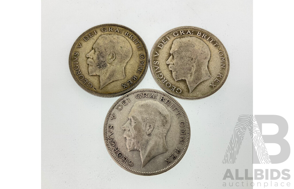 Three United Kingdom Silver KGV Half Crowns, 1921, 1922, 1929 .500