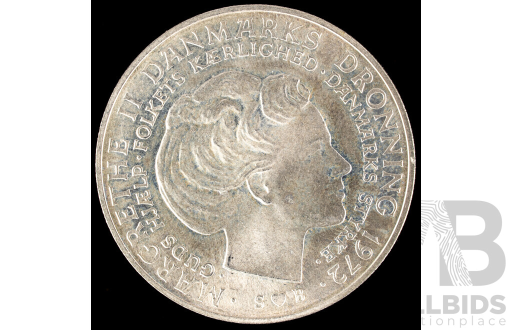 Danmark 1972 Silver Ten Kroner Coin, Death of Frederik IX and Accession of Margrethe II .800