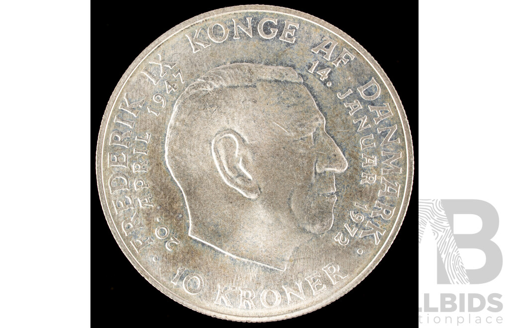 Danmark 1972 Silver Ten Kroner Coin, Death of Frederik IX and Accession of Margrethe II .800