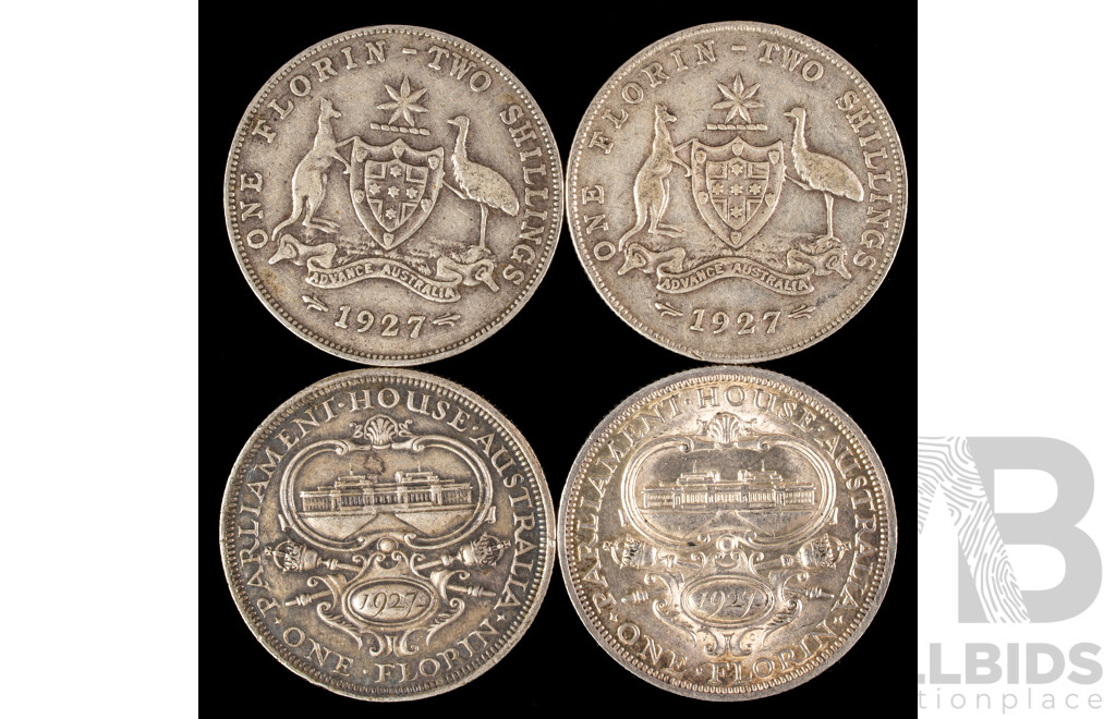 Four Australian 1927 KGV Silver Florins, Two Commemorative, Two Standard Issue .925
