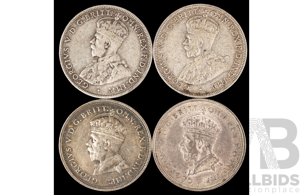 Four Australian 1927 KGV Silver Florins, Two Commemorative, Two Standard Issue .925