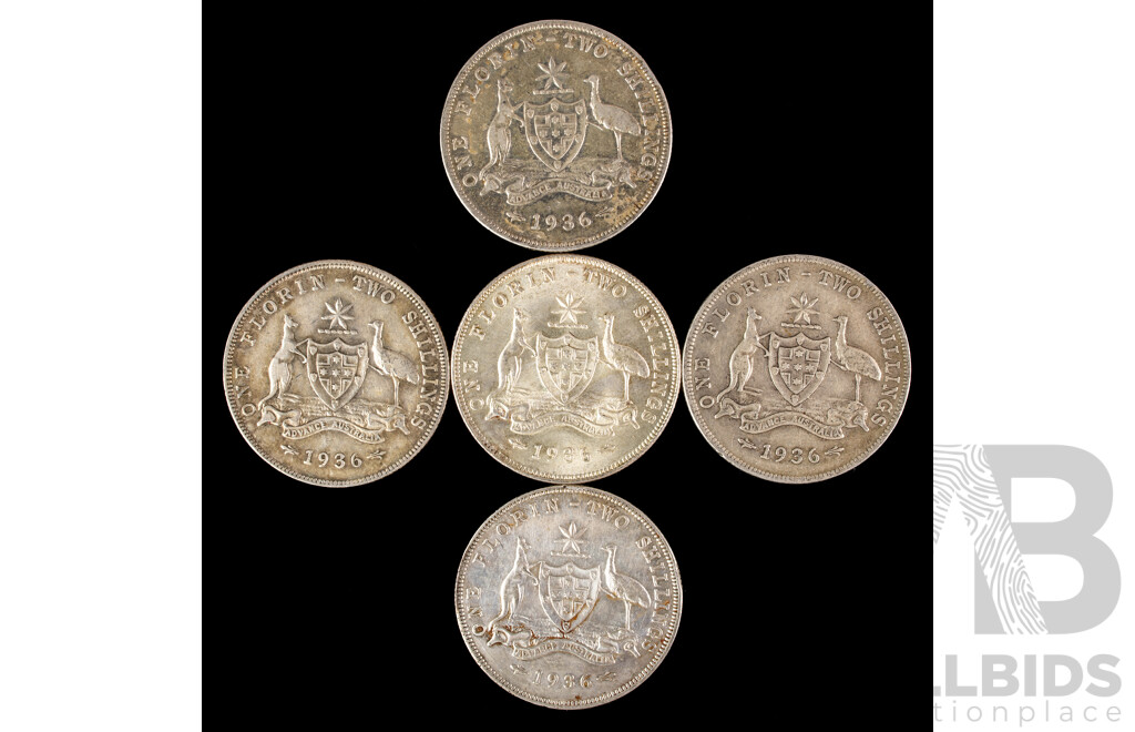 Five Australian 1936 KGV Silver Florins .925