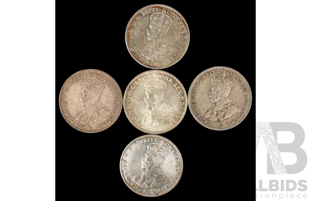 Five Australian 1936 KGV Silver Florins .925