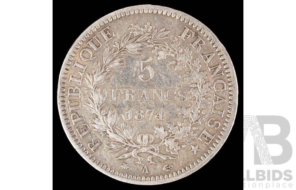 France 1874 Silver Five Francs Coin, Paris Mint .900