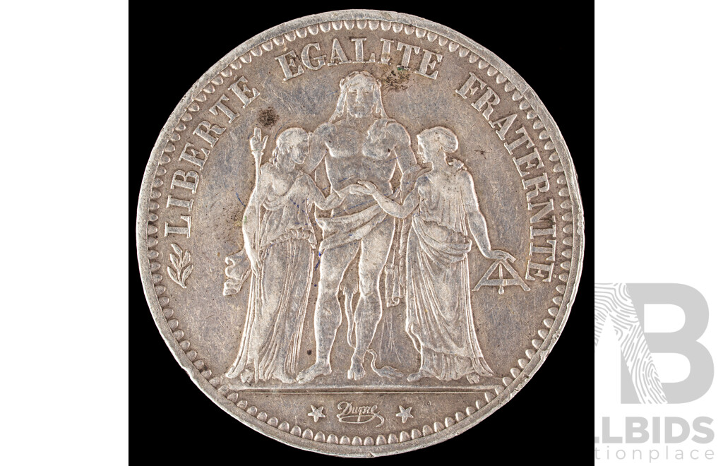 France 1874 Silver Five Francs Coin, Paris Mint .900
