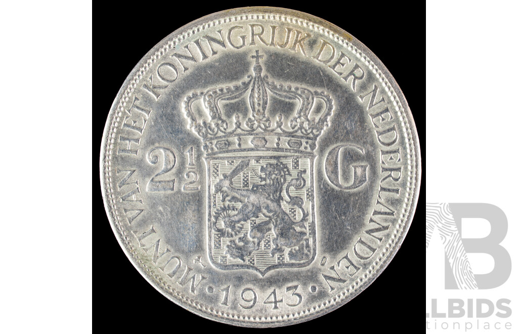 Netherlands 1943 Silver Two and Half Gulden Coin .720