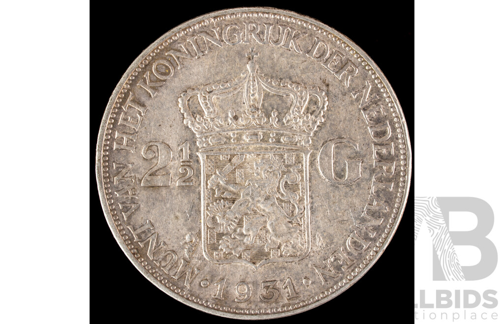 Netherlands 1931 Silver Two and Half Gulden Coin .720