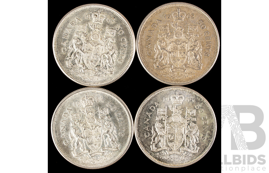 Four Canada Silver Fifty Cent Coins, 1962, 1963, 1964, 1965 .800