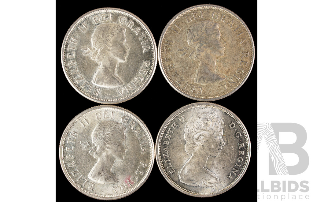 Four Canada Silver Fifty Cent Coins, 1962, 1963, 1964, 1965 .800