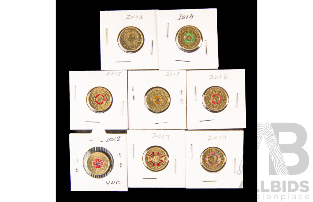 Eight Australian Commemorative Two Dollar Coins Including 2012 Remembrance, 2013 Remembrance, 2015 Remembrance, Lest We Forget, 2016 Olympics, 2018 Armistice, 2019 Repatriation, Mr Squiggle Gus