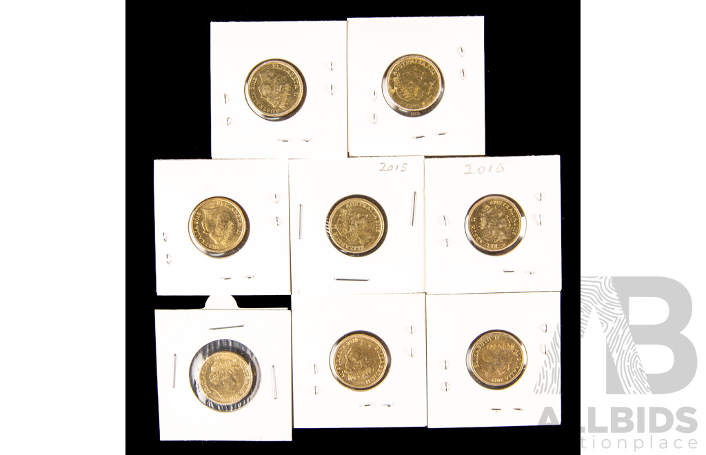 Eight Australian Commemorative Two Dollar Coins Including 2012 Remembrance, 2013 Remembrance, 2015 Remembrance, Lest We Forget, 2016 Olympics, 2018 Armistice, 2019 Repatriation, Mr Squiggle Gus
