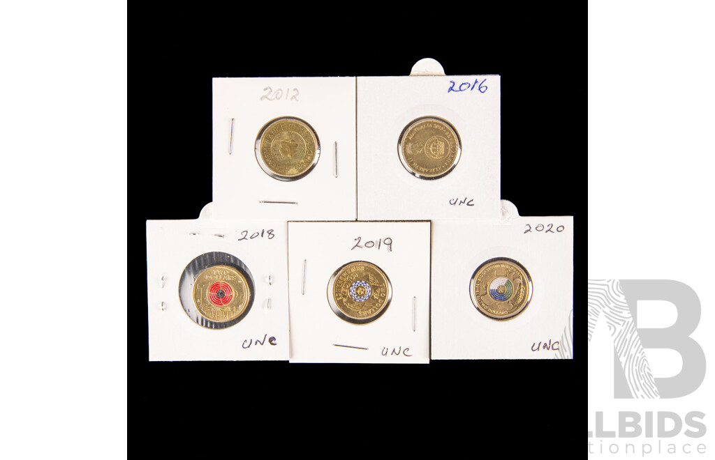 Five Australian Commemorative Two Dollar Coins Including 2012 Remembrance, 2016 Fifty Years Decimal Currency, 2018 Armistice, 2019 Police Remembrance, 2020 Seventy Five Years End WWII