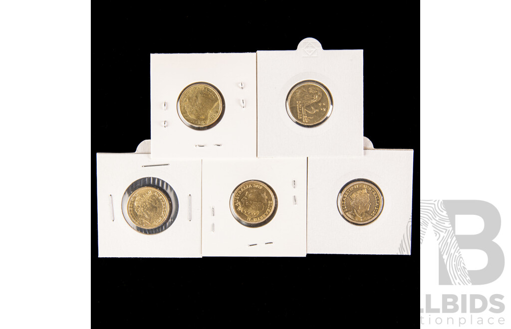 Five Australian Commemorative Two Dollar Coins Including 2012 Remembrance, 2016 Fifty Years Decimal Currency, 2018 Armistice, 2019 Police Remembrance, 2020 Seventy Five Years End WWII
