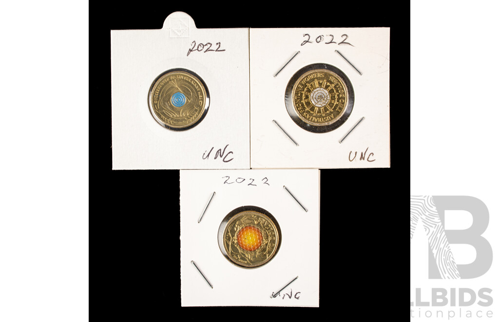 Three Australian 2022 Commemorative Two Dollar Coins Including Honey Bee, Seventy Five Years Peace Keeping, Frontline Workers,