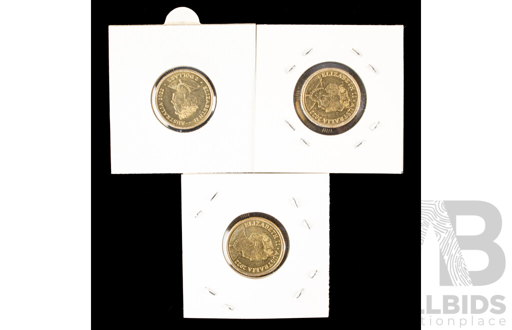 Three Australian 2022 Commemorative Two Dollar Coins Including Honey Bee, Seventy Five Years Peace Keeping, Frontline Workers,