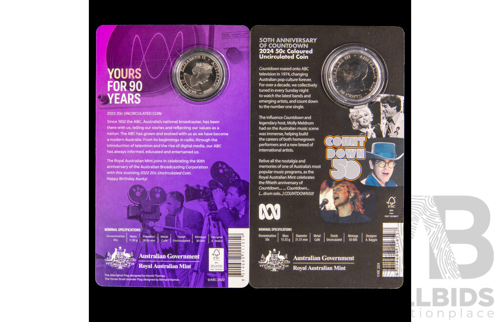 Australian RAM Commemorative Coins Including 2024 Fifty Cent Count Down and 2022 Twenty Cent ABC Ninety Years