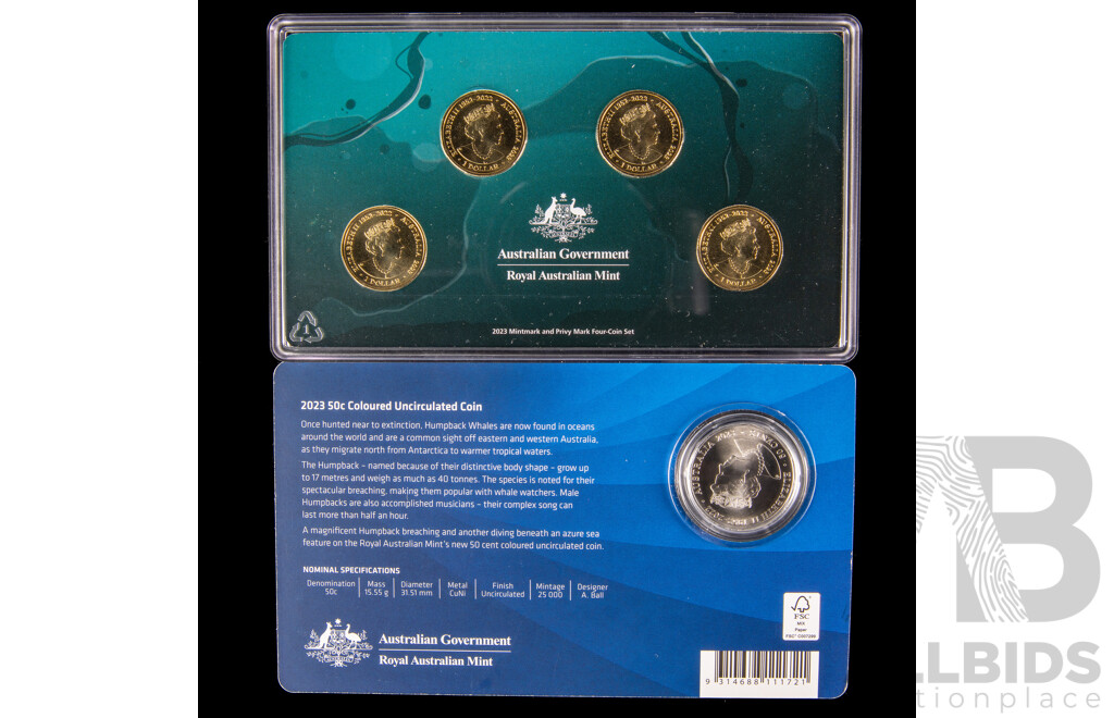 Australian RAM 2023 Commemorative One Dollar Coin Set, Creatures of the Deep and Coloured Fifty Cent, Humpback Whale