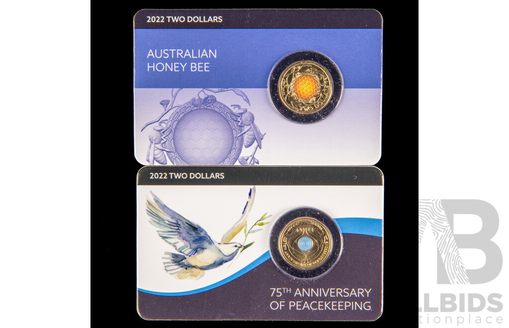 Australian RAM 2022 Commemorative Two Dollar Coins, Australian Honey Bee and Seventy Fifth Anniversary of Peace Keeping
