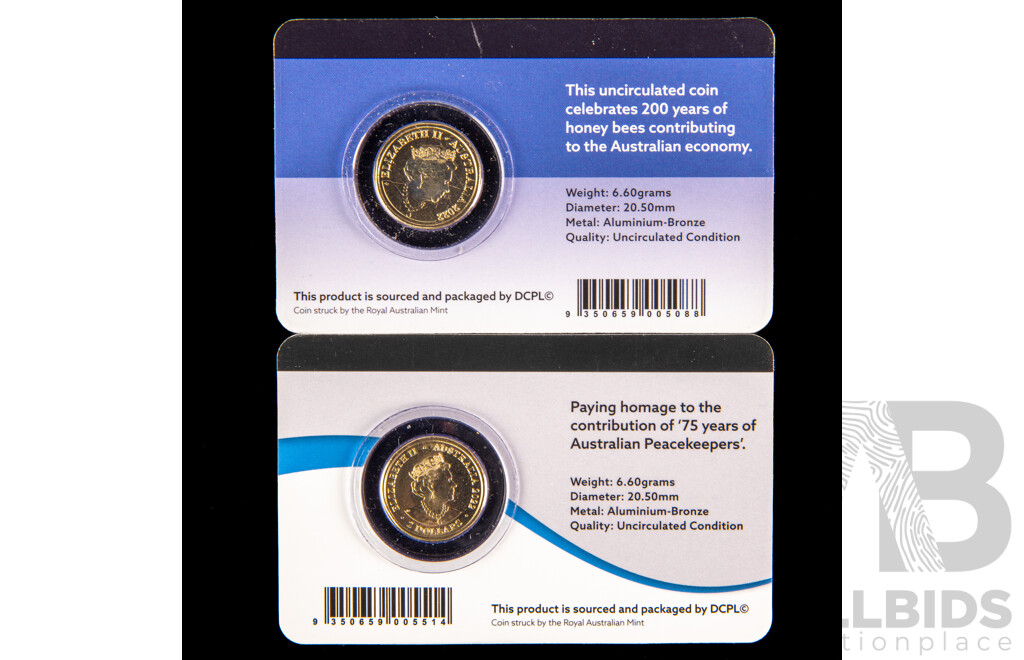 Australian RAM 2022 Commemorative Two Dollar Coins, Australian Honey Bee and Seventy Fifth Anniversary of Peace Keeping