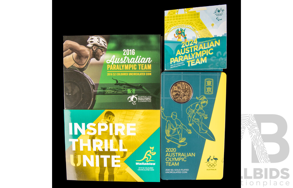 Australian RAM Commemorative Coins Including 2020 Gold Plated Fifty Cent Olympics, 2016 and 2024 Two Dollars Paralympic Team, 2019 Two Dollars Wallabies