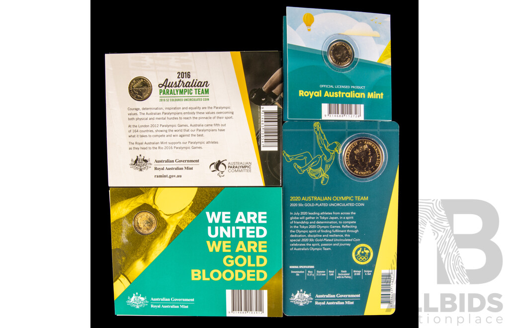 Australian RAM Commemorative Coins Including 2020 Gold Plated Fifty Cent Olympics, 2016 and 2024 Two Dollars Paralympic Team, 2019 Two Dollars Wallabies