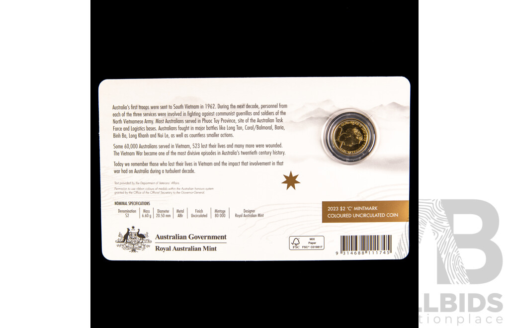 Australian RAM  2023 Commemorative Two Dollar Coin, Fiftieth Anniversary End Involvement of Vietnam War, C Mint Mark