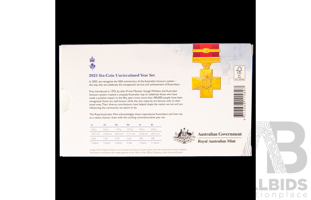 Australian RAM 2025 Six UNC Coin Set, Celebrating Australians, Fifty Years of the Australian Honours System