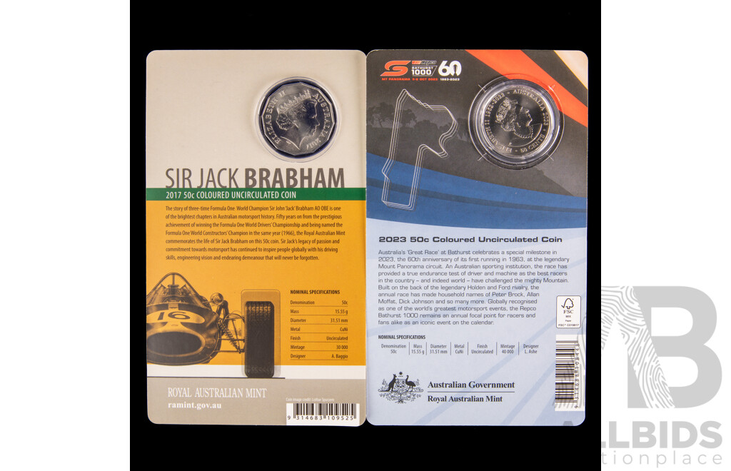 Australian RAM Commemorative Fifty Cents Including 2017 Sir Jack Brabham and Sixtieth Anniversary of Bathurst Great Race
