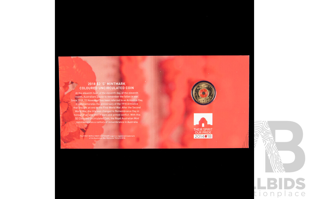 Australian RAM 2018 Commemorative Two Dollar Coin, Remembrance Day Armistice Centenary, C Mint Mark