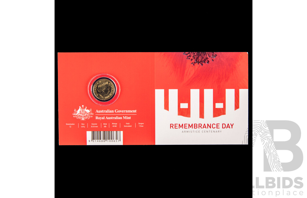 Australian RAM 2018 Commemorative Two Dollar Coin, Remembrance Day Armistice Centenary, C Mint Mark