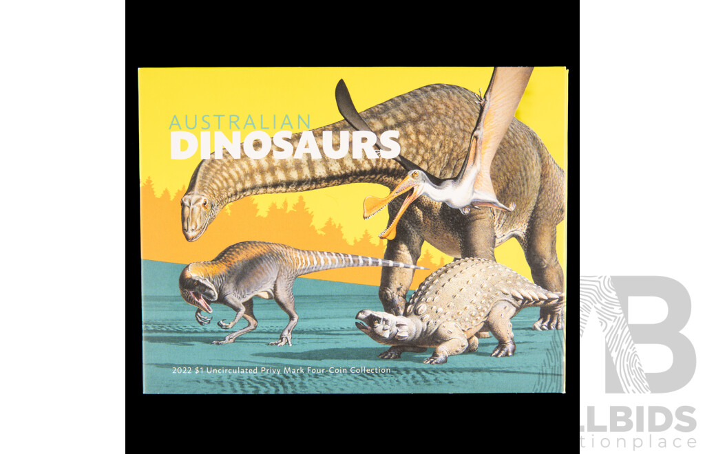 Australian RAM 2022 Four Commemorative One Dollar Set, Australian Dinosaurs, Privy Mark
