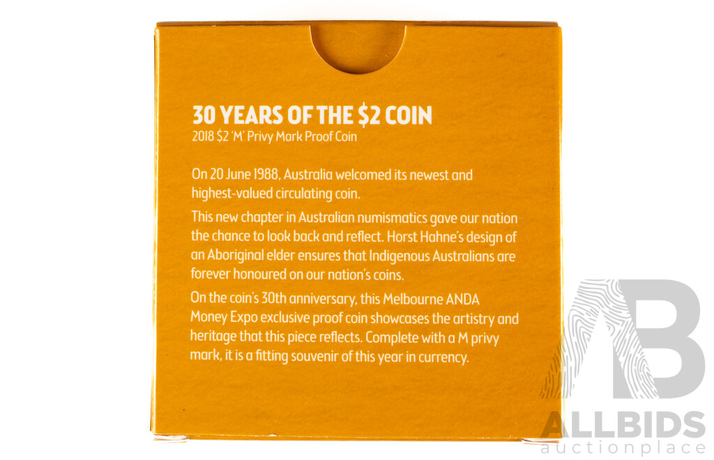 Australian RAM 2018 Proof Two Dollar Coin, Thirty Years of the Two Dollar Coin, M Privy Mark