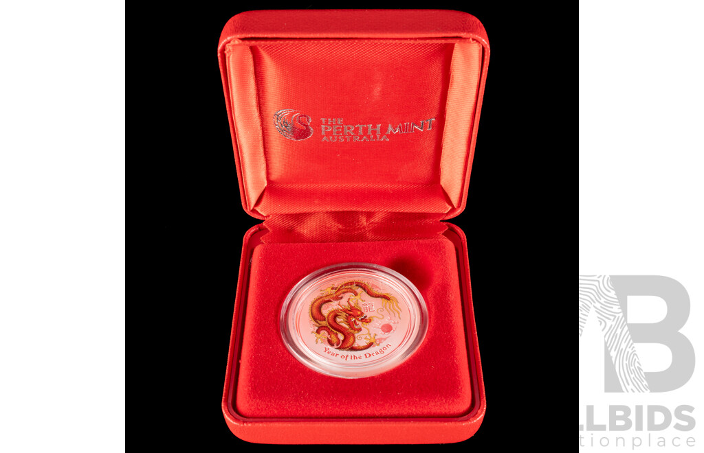 Australian Perth Mint Silver Five Dollar Coin, Year of the Dragon .999