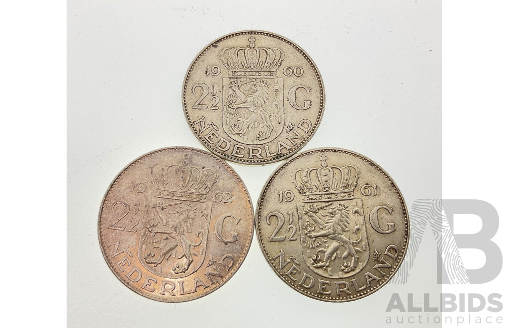 Three Netherlands Silver Two and Half Gulden Coins 1960, 1961, 1962  .720