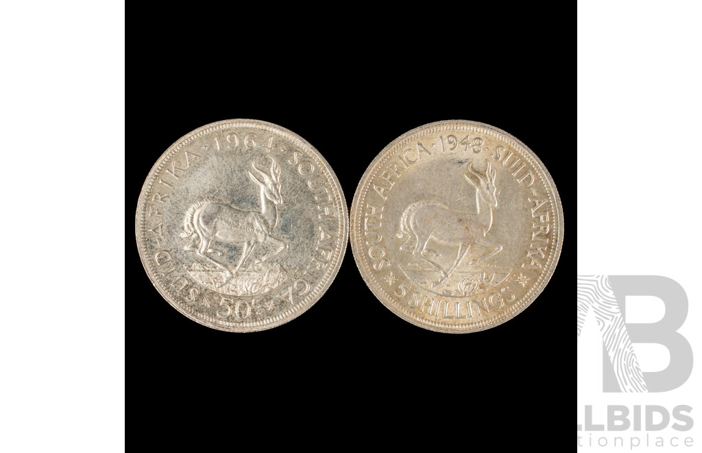 South African 1948 Five Shillings and 1964 Silver Fifty Cent Coin .500