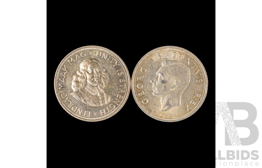 South African 1948 Five Shillings and 1964 Silver Fifty Cent Coin .500