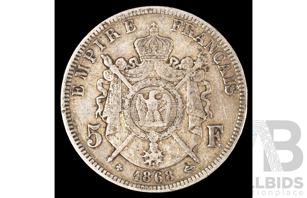 France 1868 Silver Five Francs Coin, Napoleon III, Strasbourg Mint .900