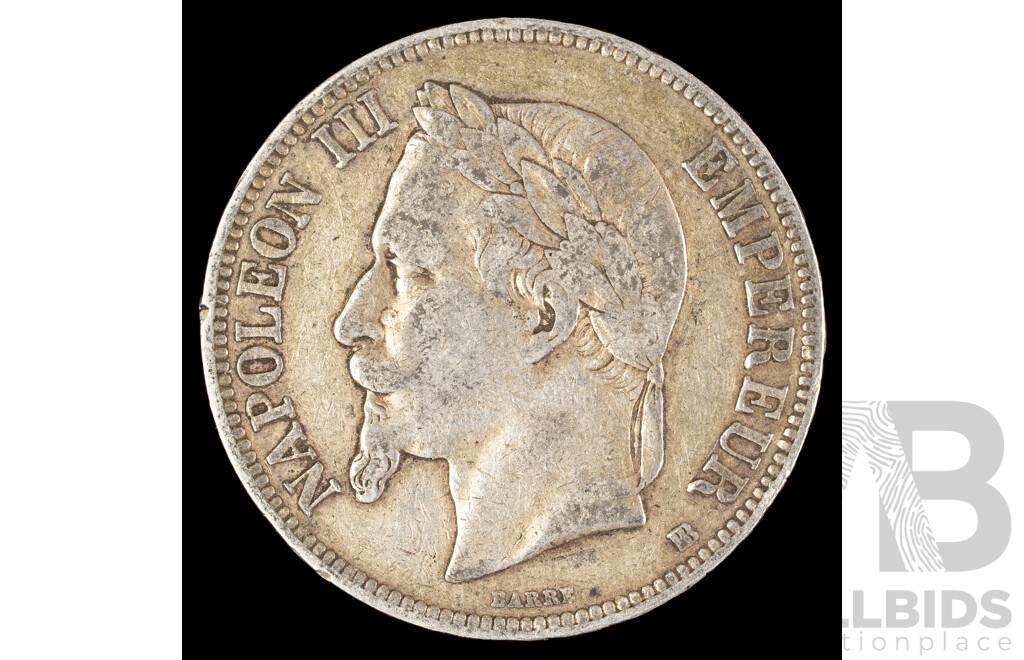 France 1868 Silver Five Francs Coin, Napoleon III, Strasbourg Mint .900