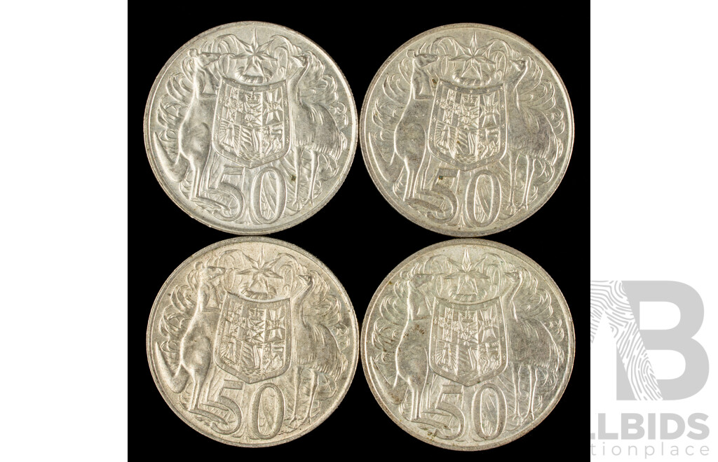 Four Australian 1966 Round Silver Fifty Cent Coins .800