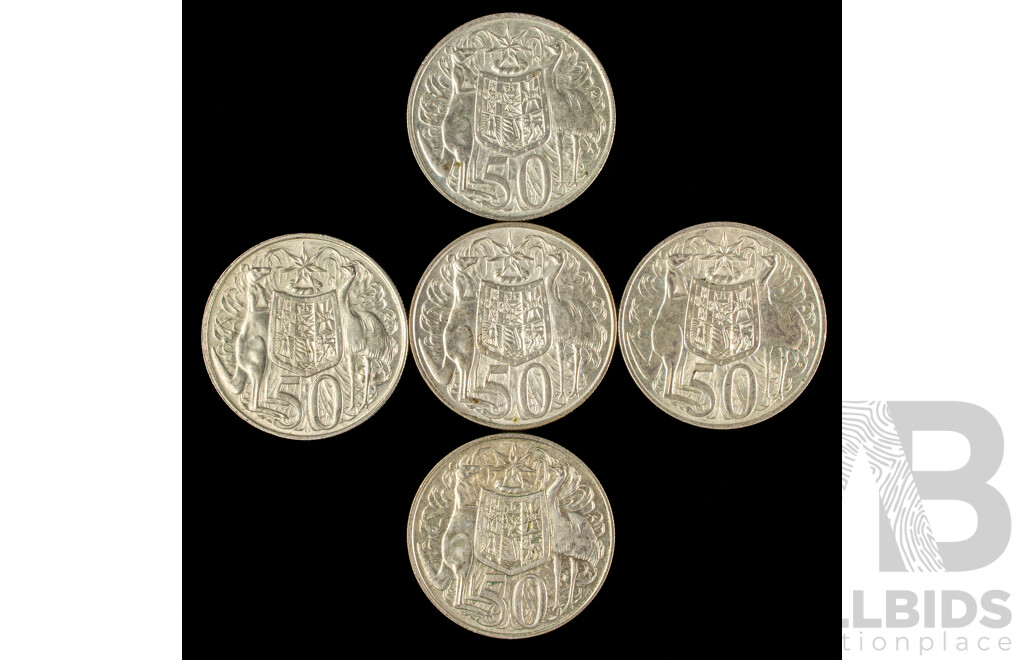 Five Australian 1966 Round Silver Fifty Cent Coins .800
