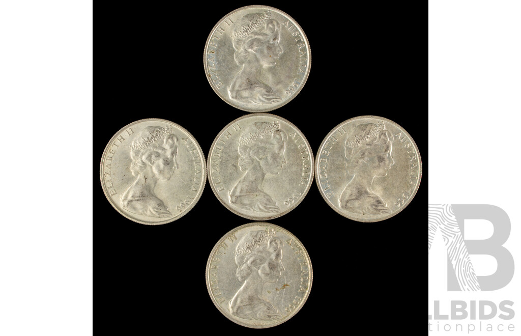 Five Australian 1966 Round Silver Fifty Cent Coins .800